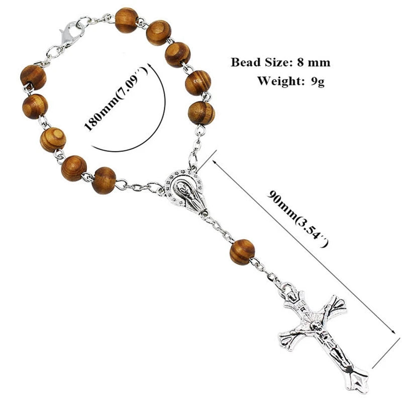 Vintage Christian Catholic Rosary Bracelet Wooden Beads Jesus Cross Pendant Bracelets For Women Men Religious Jewelry