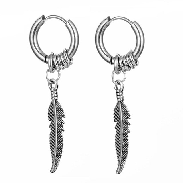 2 Pairs Fashion Cross Feather Stud Earrings Punk Rock Style For Women Men High Quality Stainless Steel Hiphop Ear Jewelry