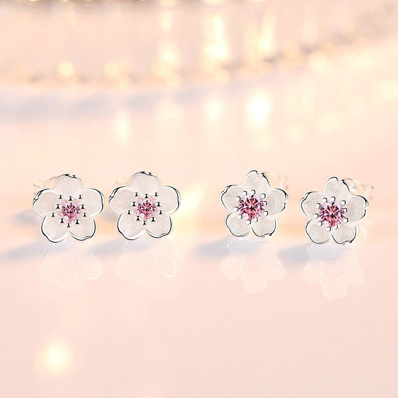 Cherry Flower Blossoms Flower Crystal Stud Earrings Silver Color Ear Studs Women's Fine Jewelry Mother's day Birthday Gift