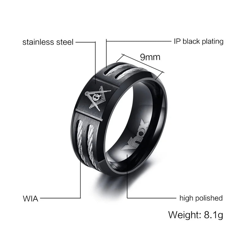 Vnox Black Stainless Steel Masonic Ring - Jeglowstore