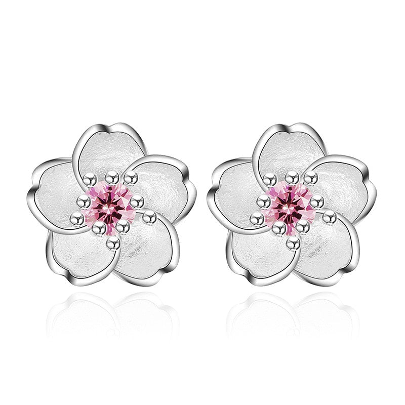 Cherry Flower Blossoms Flower Crystal Stud Earrings Silver Color Ear Studs Women's Fine Jewelry Mother's day Birthday Gift