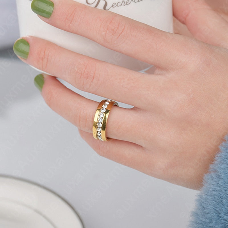 Auxauxme Bling CZ Stone Wedding Bands Rings Women Jewelry Golden Stainless Steel Simple Love Couple Ring Valentine's Day Gift