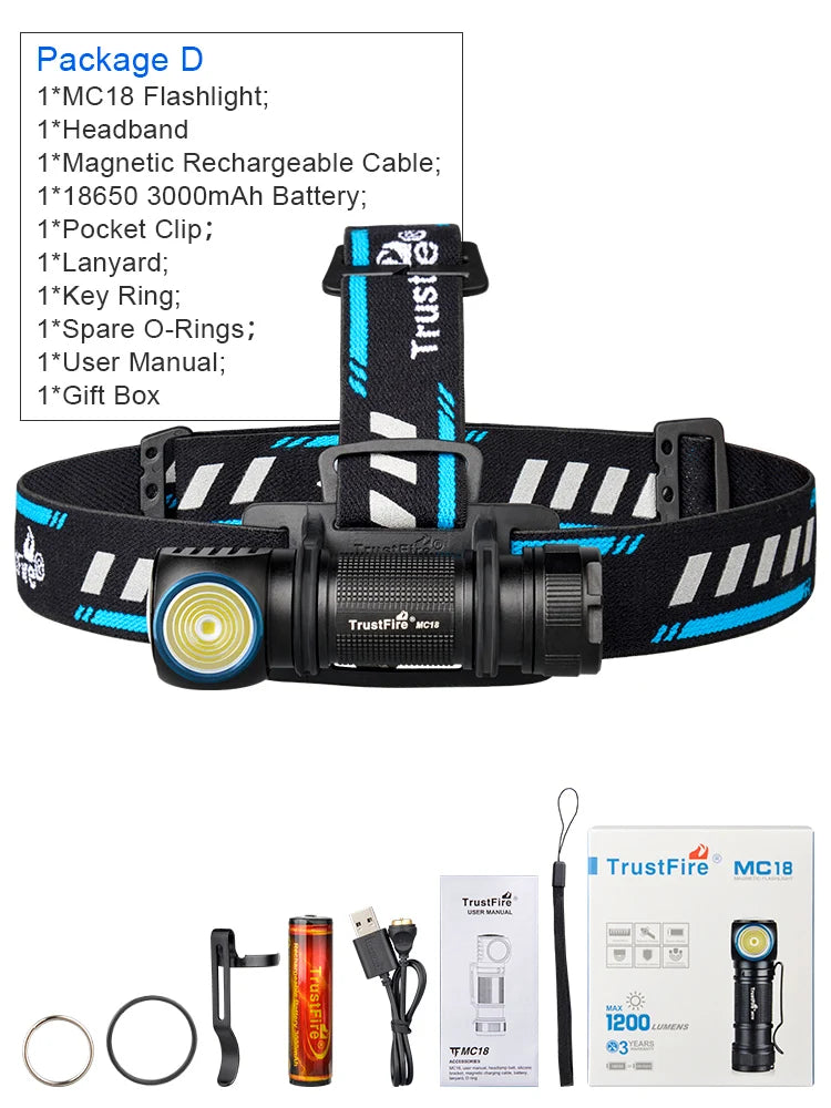 Trustfire Mc18 Headlamp Led Xp-Lhi 18650 Magnetic 2a Usb Rechargeable Head Lamp 1200lm Flashlight Headlight Magnet Tail Cap - Jeglowstore