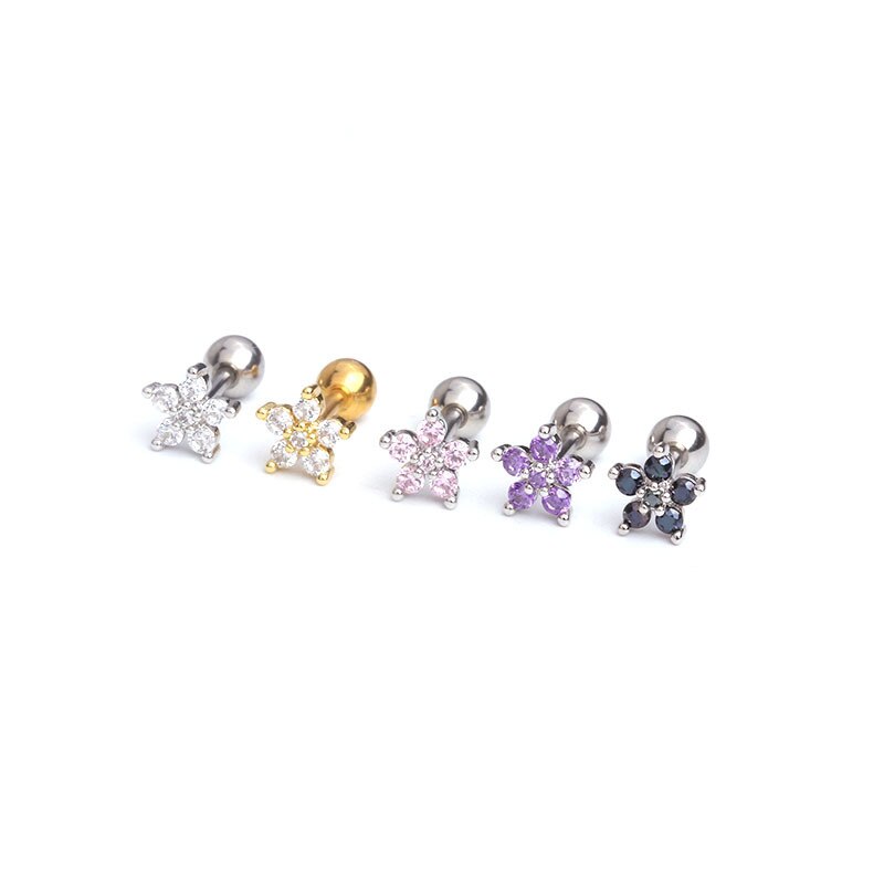1pc Stainless Steel Fashion Flowers Zirconia Cartilage Cz Earring  for Women Crown Helix Ear Studs Piercing Jewelry