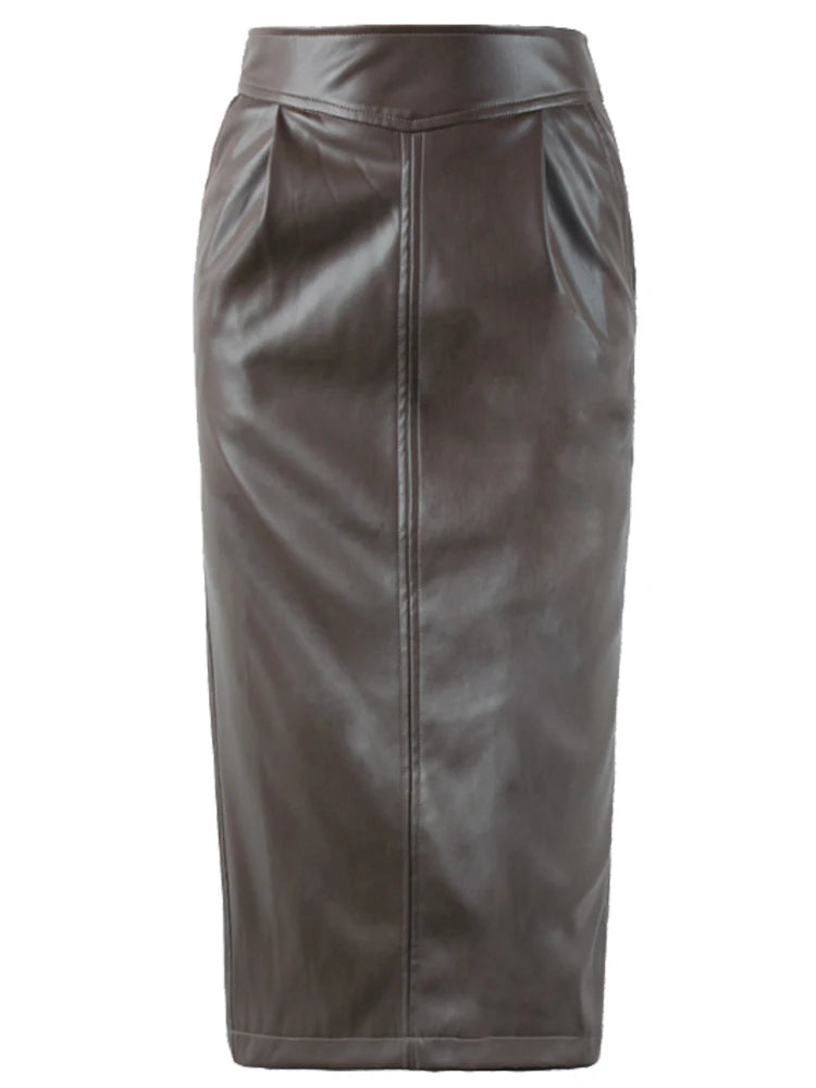 Nerazzurri PU Leather High Waist Midi Skirt - Jeglowstore