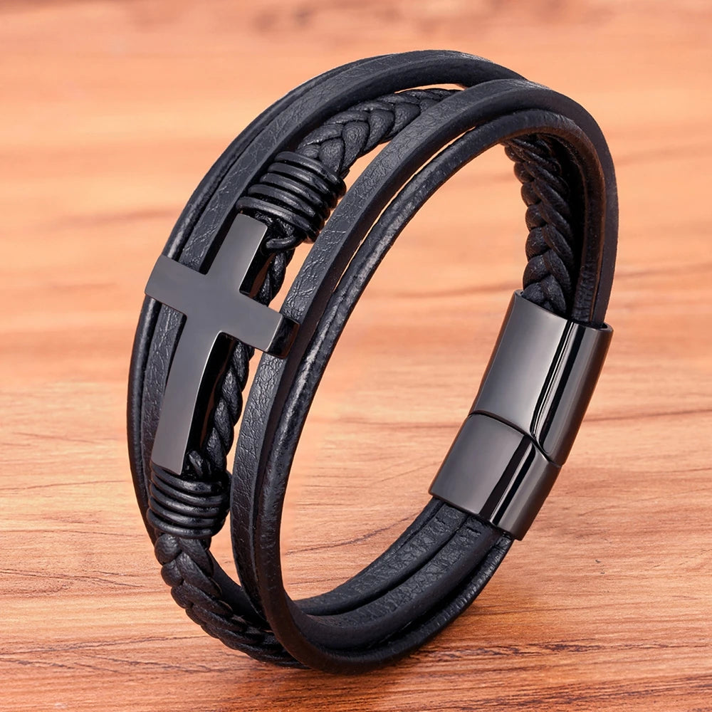 Men’s Classic Cross Leather Bracelet - Jeglowstore