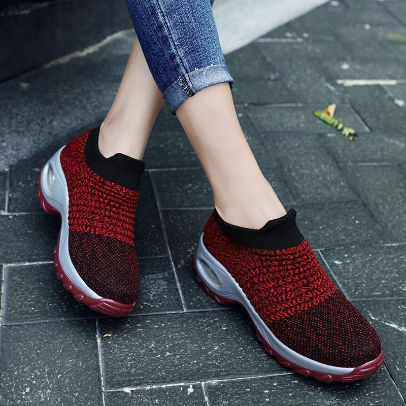 Women Walking Shoes Running Mesh Shoes Fashion Platform Slip-On Sneaker Air Cushion Gym Modern Dance Shoes Men