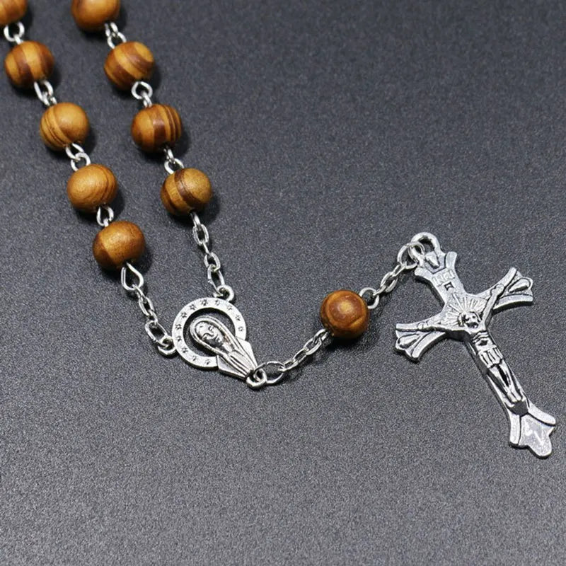 Vintage Christian Catholic Rosary Bracelet Wooden Beads Jesus Cross Pendant Bracelets For Women Men Religious Jewelry