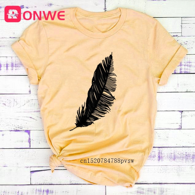 Casual Harajuku Fashion T-shirt Feather Print Loose O-neck Short Sleeve