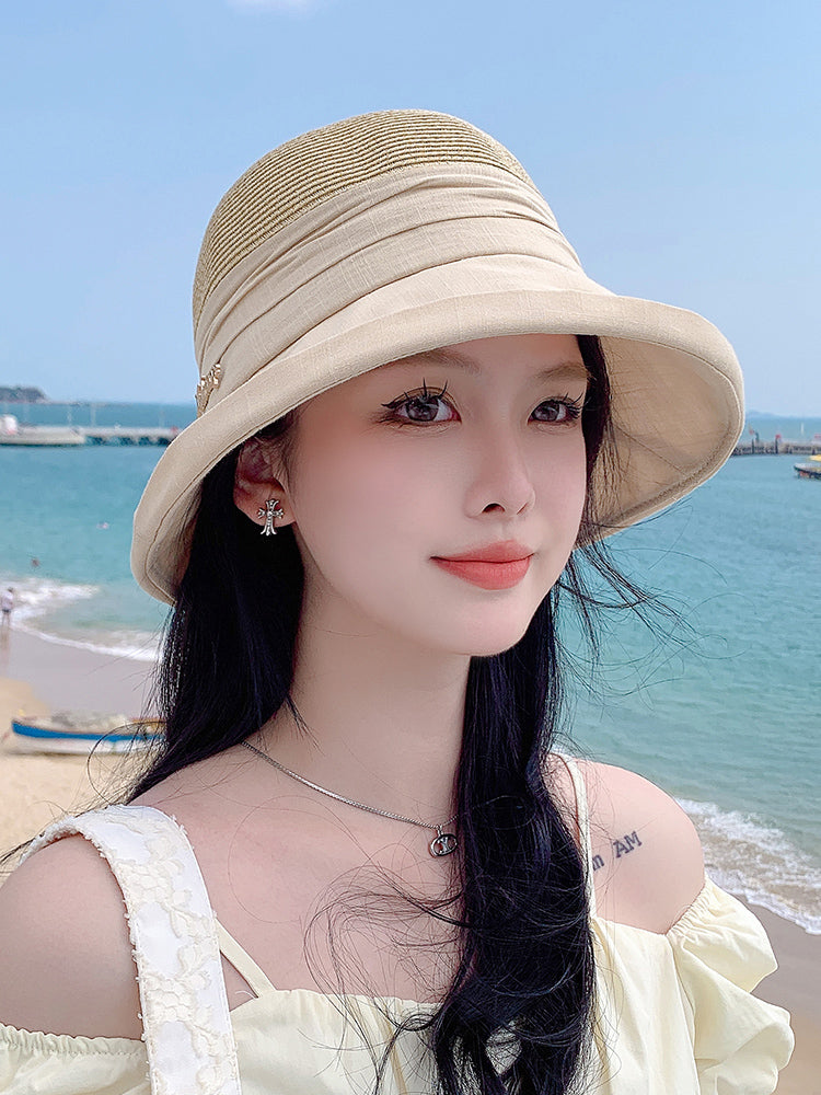 Sunshade Straw Hat Women's Spring and Summer Travel Fashionable Face-Slimming Small Curling Sun-Proof Bucket Hat 2023 New Sun Hat