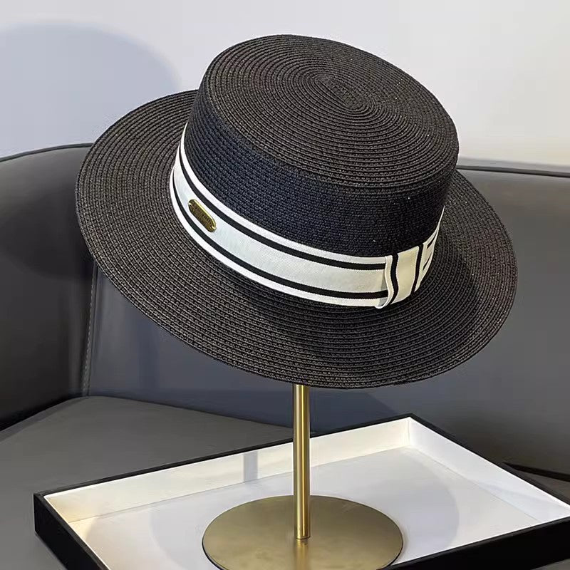 Korean Style Instagram Style Internet Celebrity Letters Flat Top Straw Woven Top Hat Women's Spring Summer Outing Sun Protection Sun-Shade All-Match Trendy Straw Hat