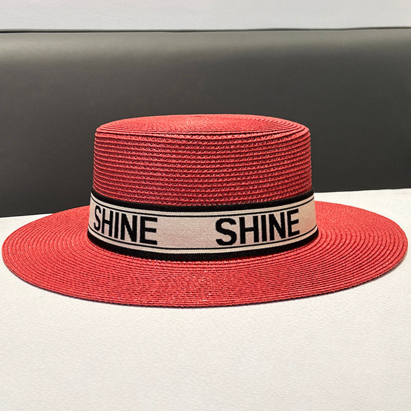 Korean Style Instagram Style Internet Celebrity Letters Flat Top Straw Woven Top Hat Women's Spring Summer Outing Sun Protection Sun-Shade All-Match Trendy Straw Hat