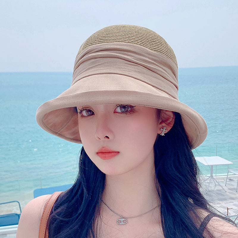 Sunshade Straw Hat Women's Spring and Summer Travel Fashionable Face-Slimming Small Curling Sun-Proof Bucket Hat 2023 New Sun Hat