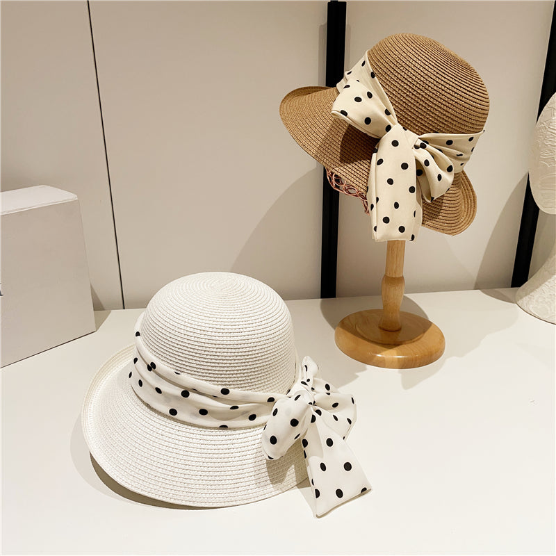 Japanese Style Polka Dot Bow Curled Brim round Crown Straw Hat Bucket Hat Elegant Seaside Beach Hat Sunshade Sun Protection Hat for Women