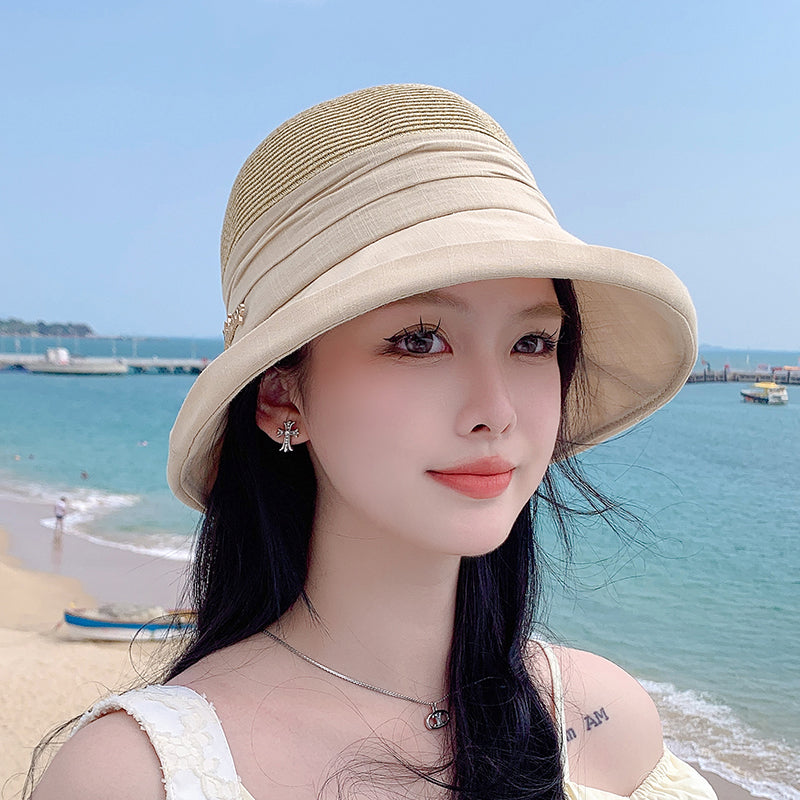 Sunshade Straw Hat Women's Spring and Summer Travel Fashionable Face-Slimming Small Curling Sun-Proof Bucket Hat 2023 New Sun Hat