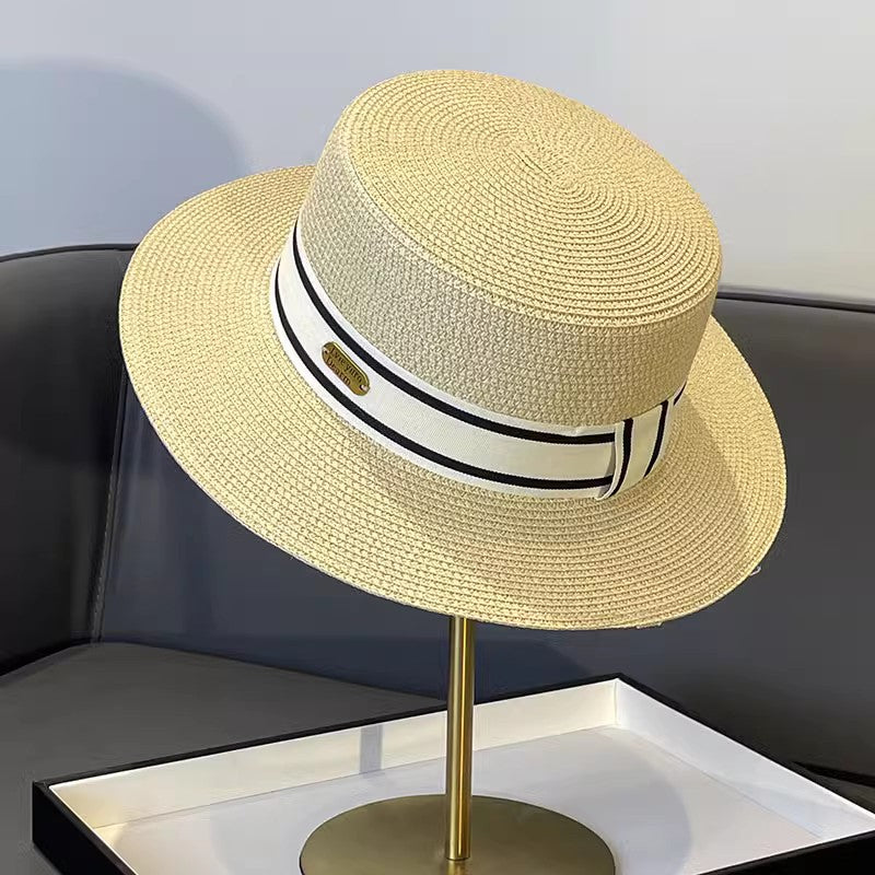 Korean Style Instagram Style Internet Celebrity Letters Flat Top Straw Woven Top Hat Women's Spring Summer Outing Sun Protection Sun-Shade All-Match Trendy Straw Hat