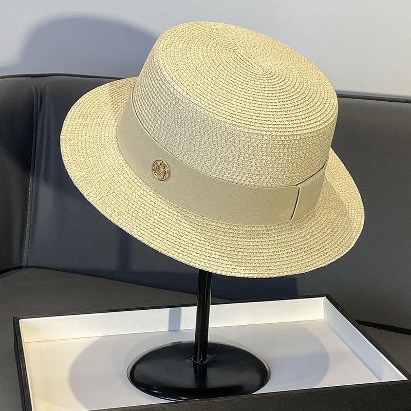Korean Style Instagram Style Internet Celebrity Letters Flat Top Straw Woven Top Hat Women's Spring Summer Outing Sun Protection Sun-Shade All-Match Trendy Straw Hat
