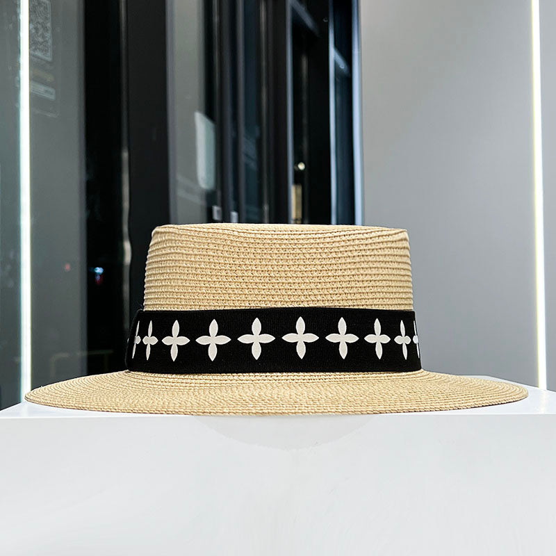 French Style Elegant Flat Top Straw Hat Women's 2023 New Style Spring Summer Sun Protection Straw Sun Hat All-Matching Sun Hat