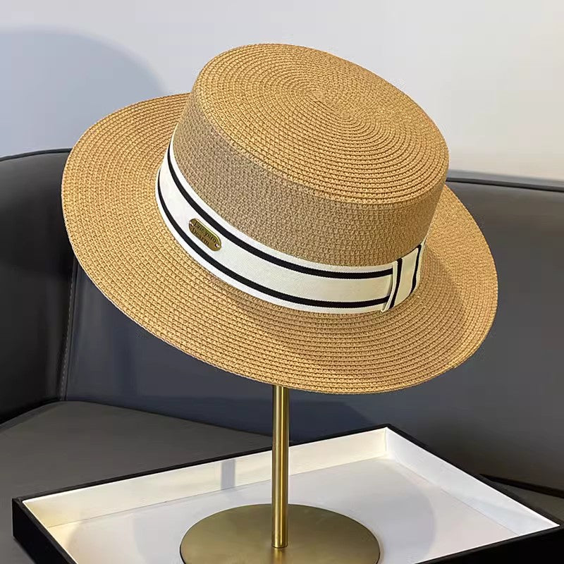Korean Style Instagram Style Internet Celebrity Letters Flat Top Straw Woven Top Hat Women's Spring Summer Outing Sun Protection Sun-Shade All-Match Trendy Straw Hat