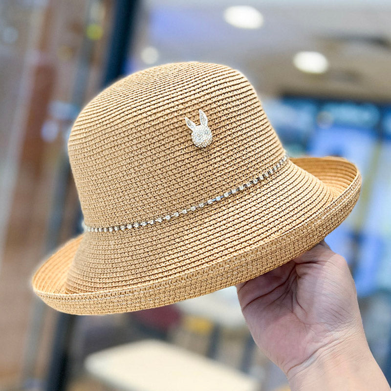 2023 Summer Elegance Fashionable Curled Brim Top Hat Women's Rhinestone Rabbit French Style Sun-Proof Trendy Straw Hat