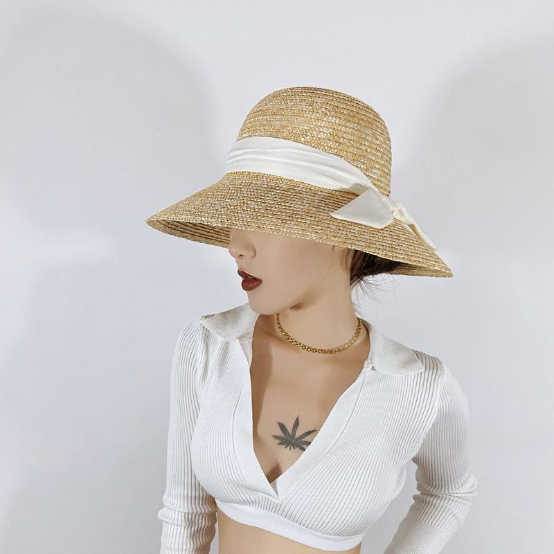 Hepburn Retro Style Dome Wheat-Straw Hat Big Brim Straw Woven Bucket Hat Women's Summer Outdoor Sun Protection Sunshade Hat