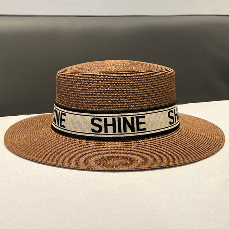 Korean Style Instagram Style Internet Celebrity Letters Flat Top Straw Woven Top Hat Women's Spring Summer Outing Sun Protection Sun-Shade All-Match Trendy Straw Hat