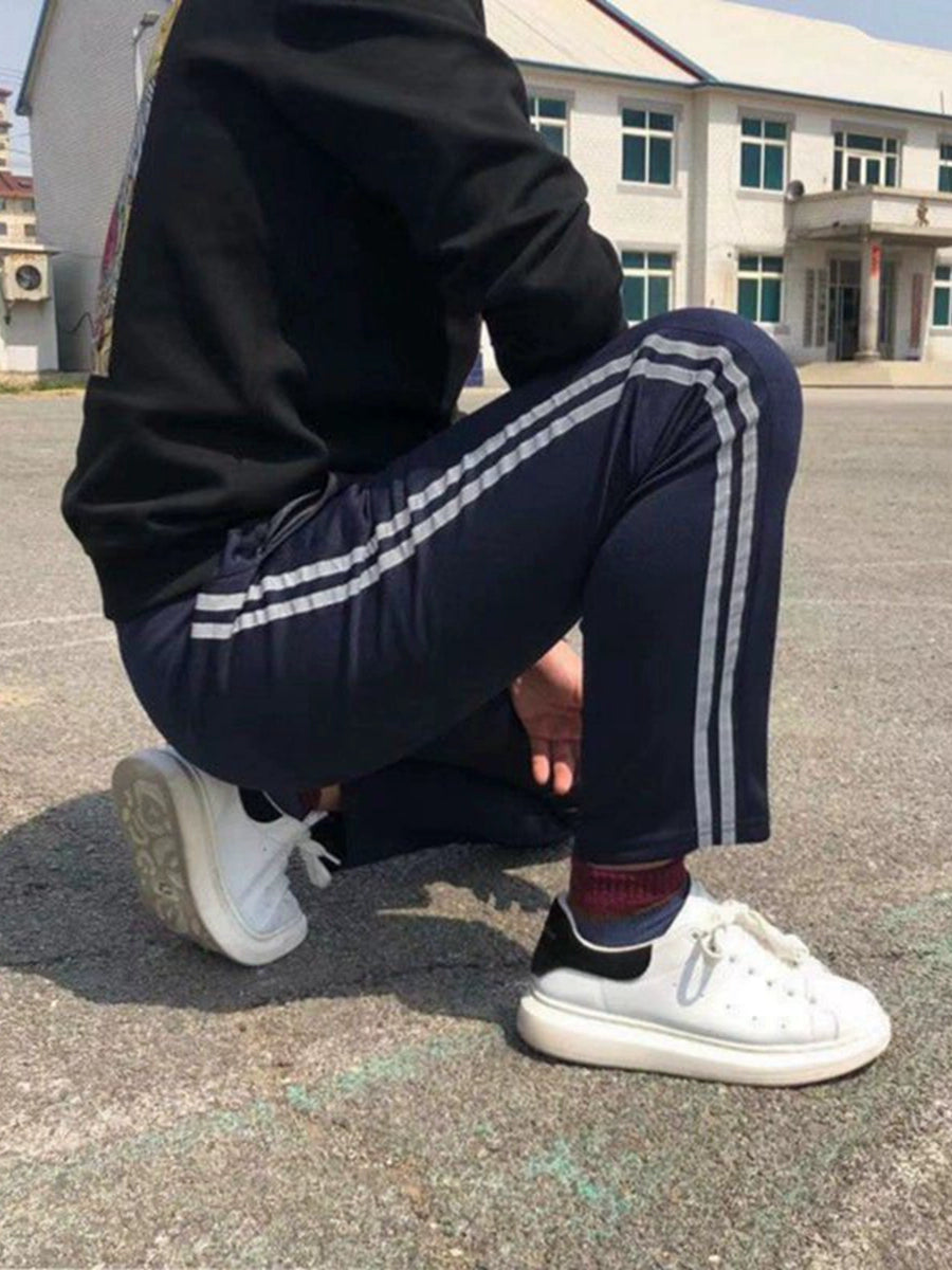 Gray Reflective Stripe School Uniform Pants Parallel Bars Fleece-lined Thickened Single Stripe Two Horizontal Strips Winter Lambskin Student School Pants
