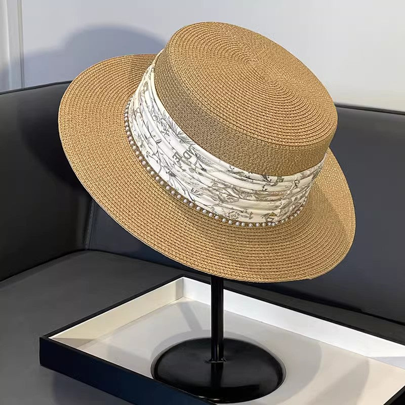 Korean Style Instagram Style Internet Celebrity Letters Flat Top Straw Woven Top Hat Women's Spring Summer Outing Sun Protection Sun-Shade All-Match Trendy Straw Hat