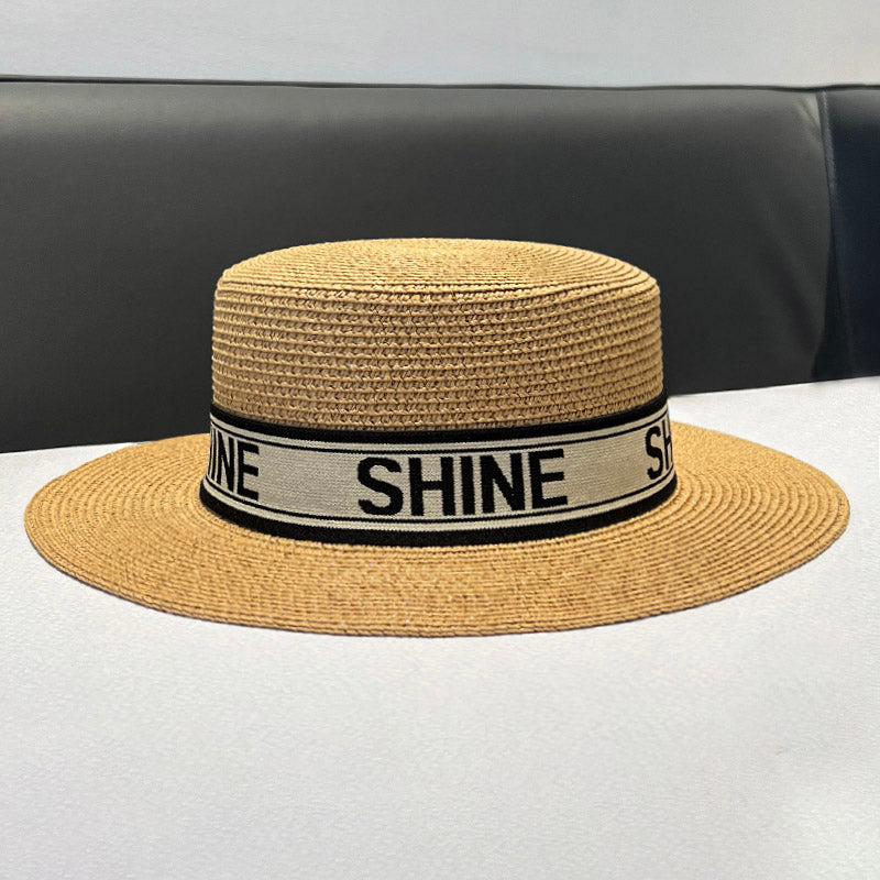 Korean Style Instagram Style Internet Celebrity Letters Flat Top Straw Woven Top Hat Women's Spring Summer Outing Sun Protection Sun-Shade All-Match Trendy Straw Hat