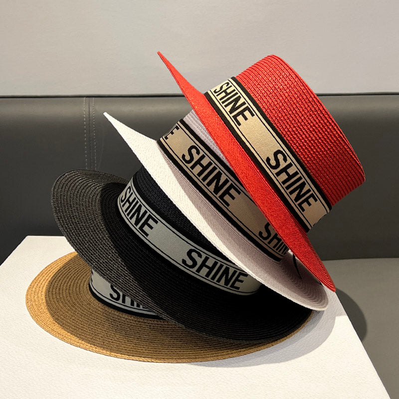 Korean Style Instagram Style Internet Celebrity Letters Flat Top Straw Woven Top Hat Women's Spring Summer Outing Sun Protection Sun-Shade All-Match Trendy Straw Hat