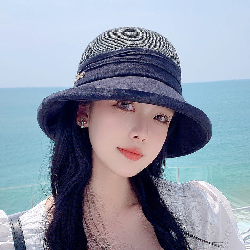 Sunshade Straw Hat Women's Spring and Summer Travel Fashionable Face-Slimming Small Curling Sun-Proof Bucket Hat 2023 New Sun Hat