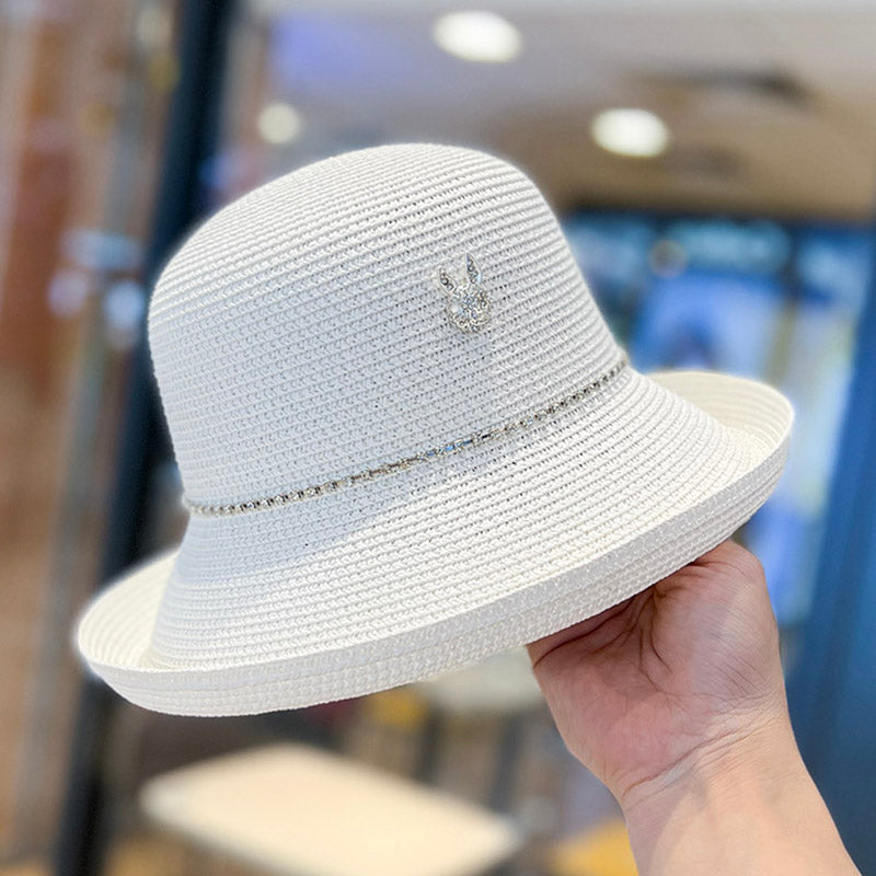 2023 Summer Elegance Fashionable Curled Brim Top Hat Women's Rhinestone Rabbit French Style Sun-Proof Trendy Straw Hat