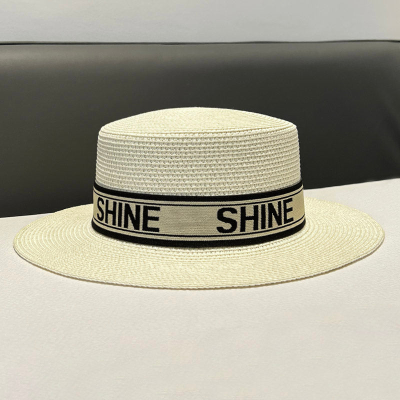 Korean Style Instagram Style Internet Celebrity Letters Flat Top Straw Woven Top Hat Women's Spring Summer Outing Sun Protection Sun-Shade All-Match Trendy Straw Hat