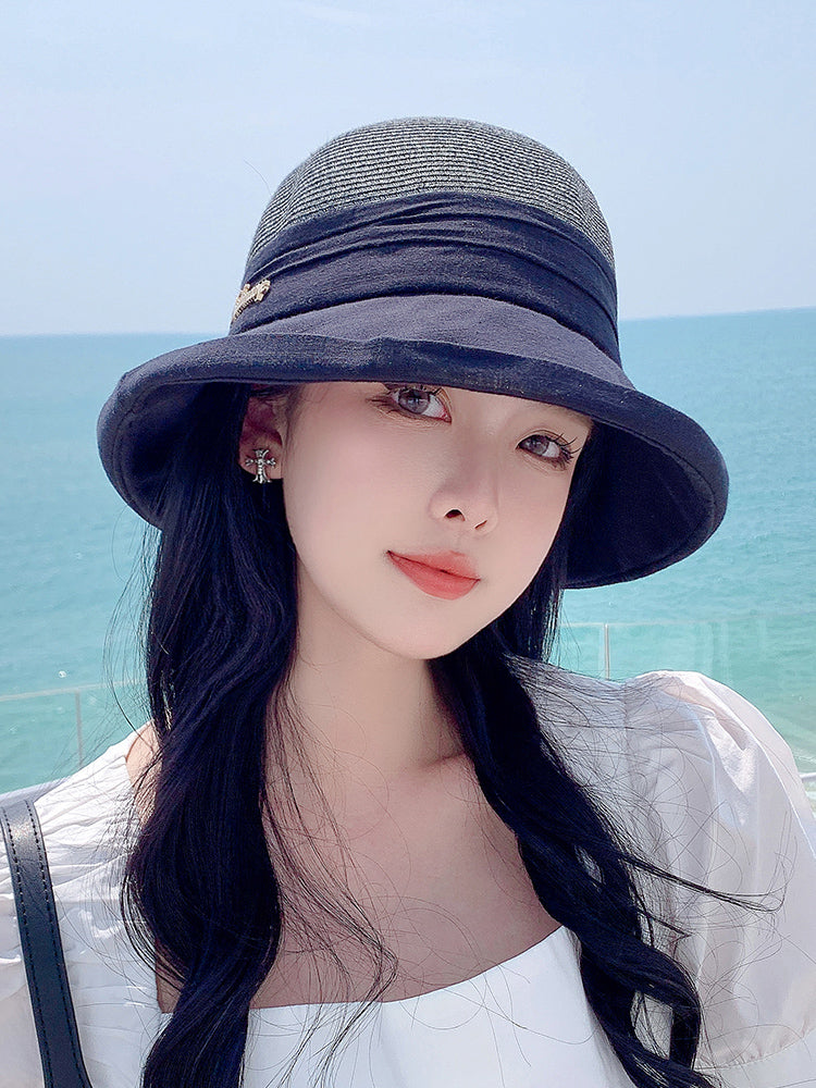 Sunshade Straw Hat Women's Spring and Summer Travel Fashionable Face-Slimming Small Curling Sun-Proof Bucket Hat 2023 New Sun Hat