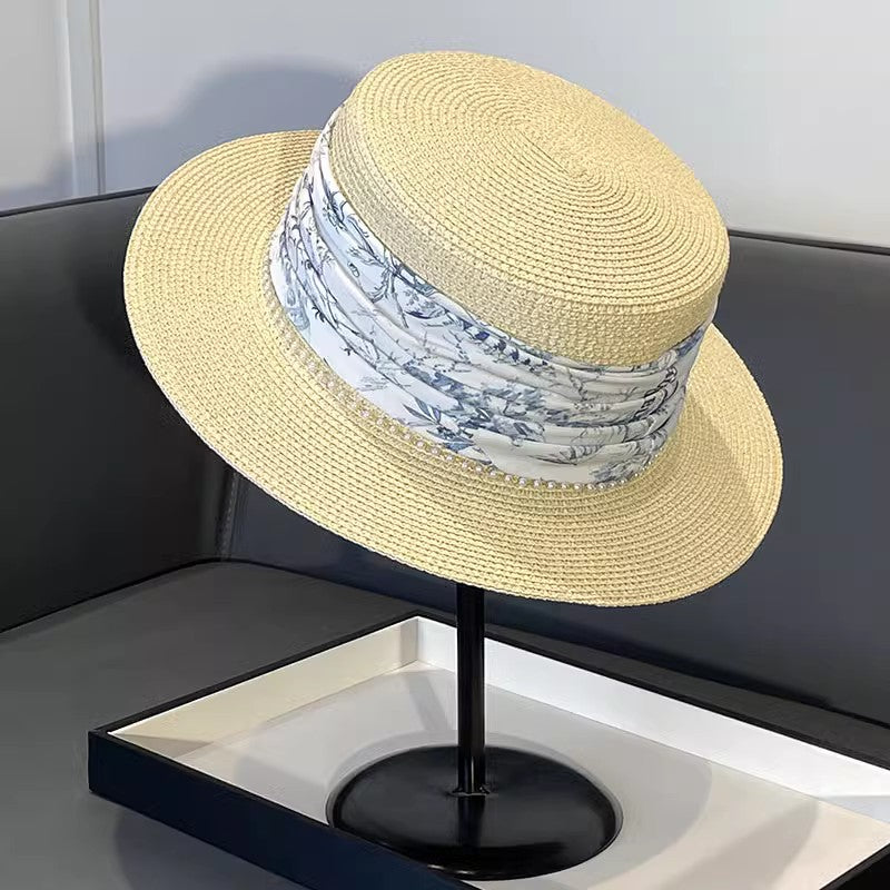 Korean Style Instagram Style Internet Celebrity Letters Flat Top Straw Woven Top Hat Women's Spring Summer Outing Sun Protection Sun-Shade All-Match Trendy Straw Hat
