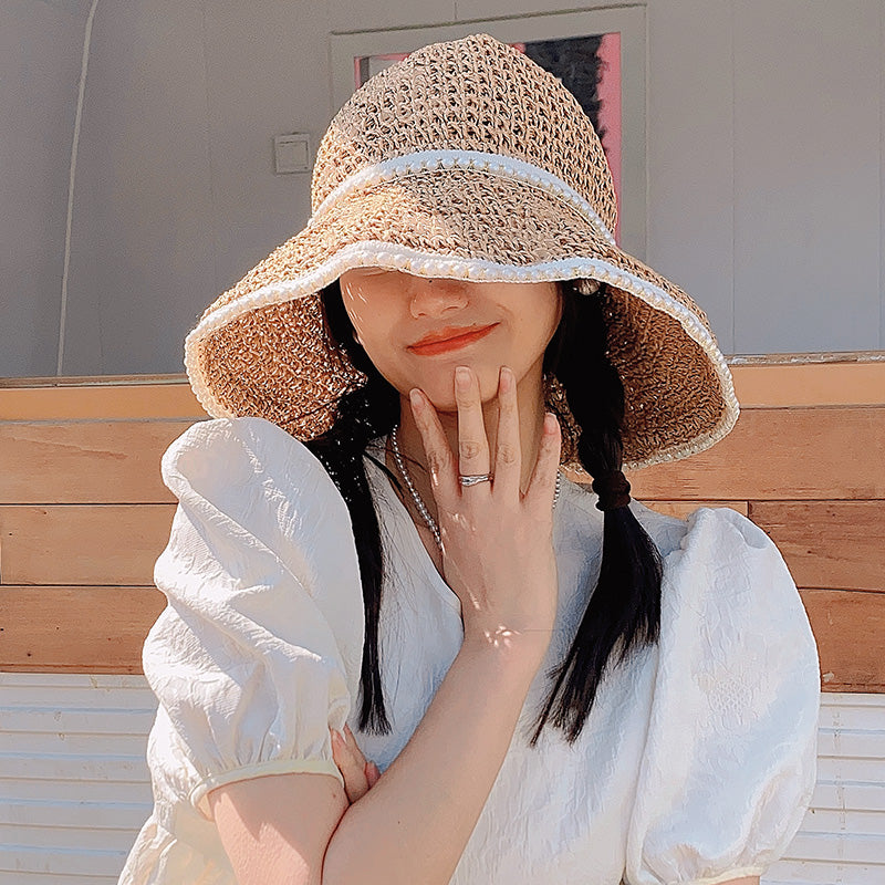 Straw Hat Ins Korean Style Lace-up Cutout Straw Hat Women's Summer Travel Sun-Proof Beach Sun Hat Pearl Edge Sun Hat