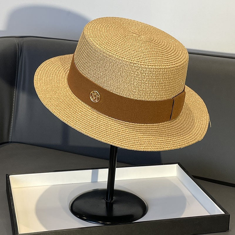 Korean Style Instagram Style Internet Celebrity Letters Flat Top Straw Woven Top Hat Women's Spring Summer Outing Sun Protection Sun-Shade All-Match Trendy Straw Hat