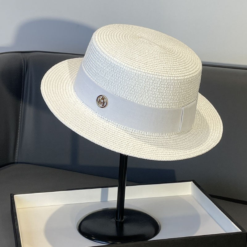 Korean Style Instagram Style Internet Celebrity Letters Flat Top Straw Woven Top Hat Women's Spring Summer Outing Sun Protection Sun-Shade All-Match Trendy Straw Hat