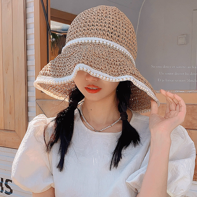 Straw Hat Ins Korean Style Lace-up Cutout Straw Hat Women's Summer Travel Sun-Proof Beach Sun Hat Pearl Edge Sun Hat