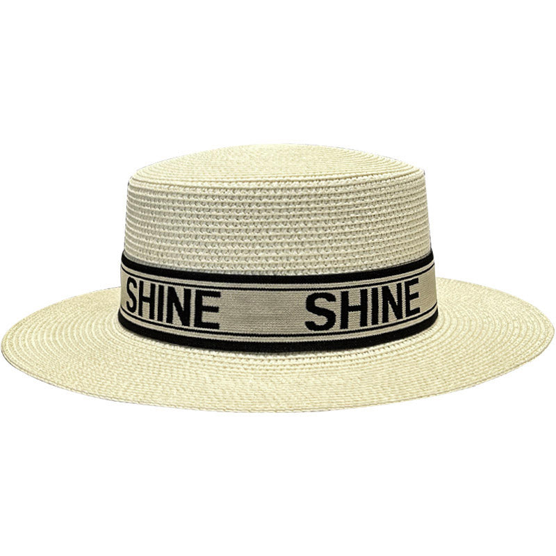 Korean Style Instagram Style Internet Celebrity Letters Flat Top Straw Woven Top Hat Women's Spring Summer Outing Sun Protection Sun-Shade All-Match Trendy Straw Hat