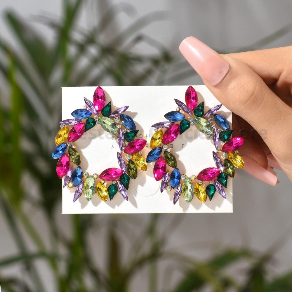 Shiny Rhinestone Piercing Earrings For Women Large Round Elegant Crystal Luxury Ear Studs Girl Trendy Statement Fashion Jewelry