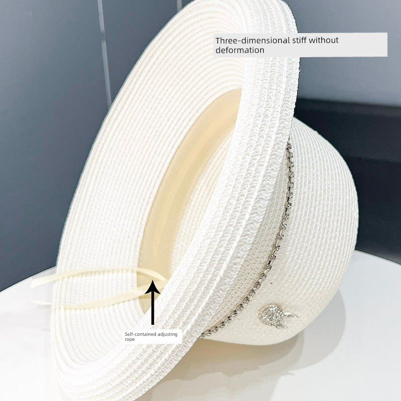 2023 Summer Elegance Fashionable Curled Brim Top Hat Women's Rhinestone Rabbit French Style Sun-Proof Trendy Straw Hat