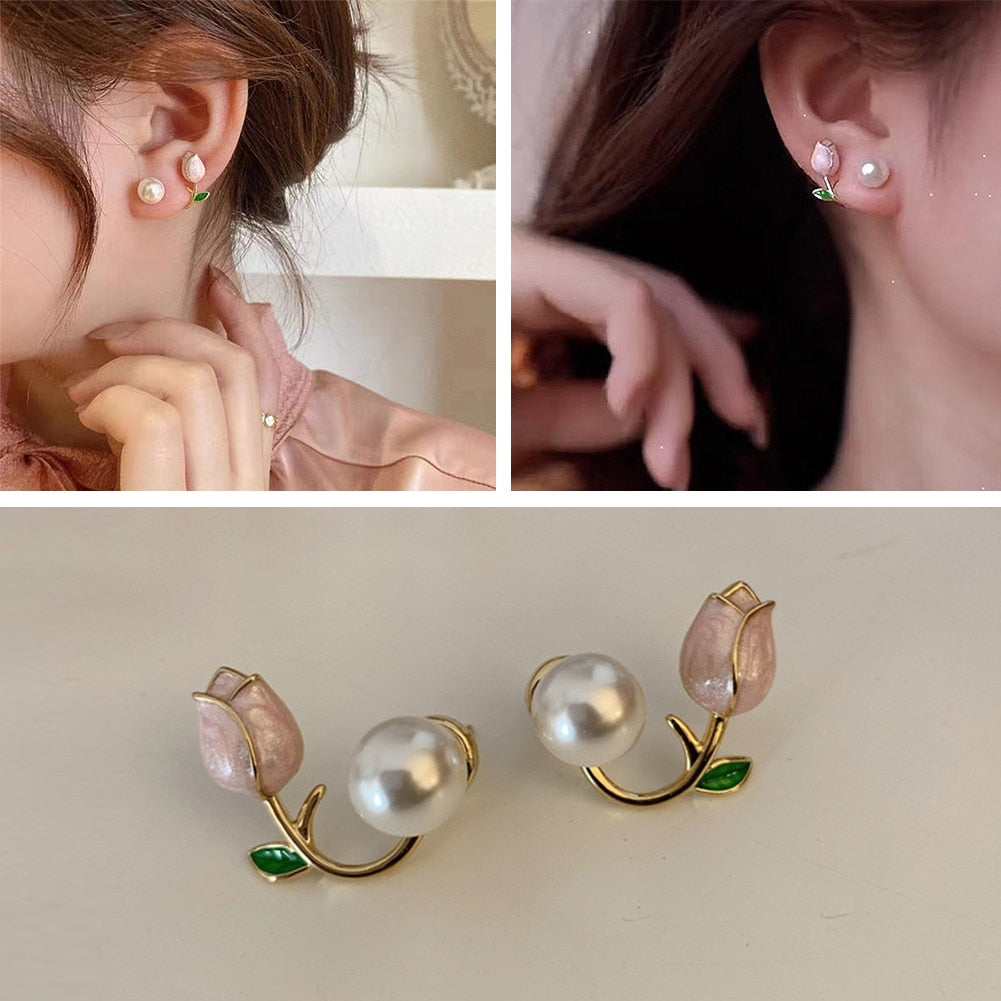 Cute Fairy Tales Animal Rabbit Pearl Stud Earrings Sweet Girls Women Asymmetric Love Heart Ear Studs Jewelry