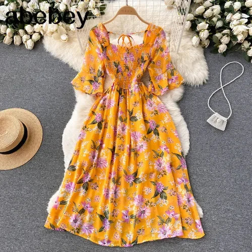2024 Fashion Summer Flower Print Long Dress Women Vintage Square Neck Ruched Chest Chiffon Sundress Party Vestidos