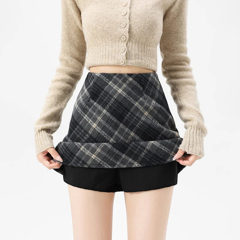 Wool Plaid High Waist Mini Skirt