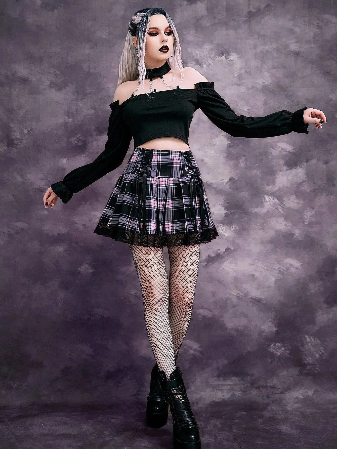 High Waist Plaid Lace-Up Mini Skirt with Mesh Hem - Jeglowstore
