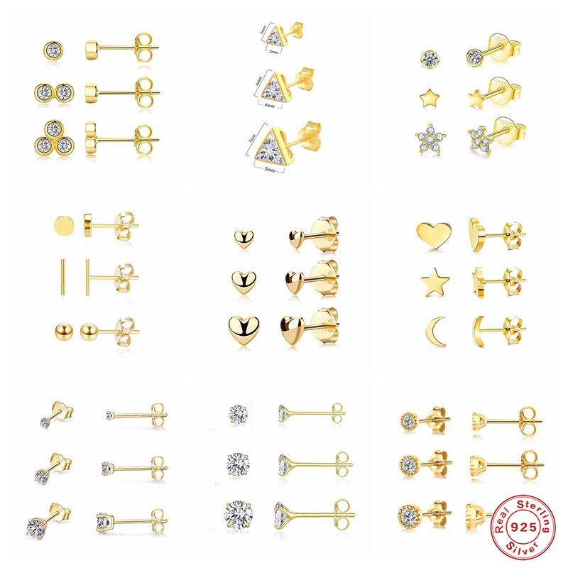 CANNER Aros 18K Gold Plated Earring Set 925 Sterling Silver Small Ear Bone Piercing Earrings For Women 3PCS Jewelry Accessories