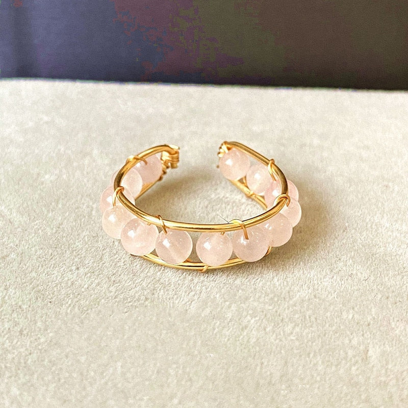 Natural Stone Rainbow Tourmaline Ring Fashion Retro Handmade Metal Wire Winding Beaded Open Adjustable Ring Female Charm Jewelry