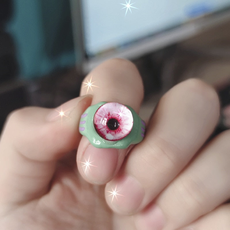 Punk eyes ring Cute Green Monster Ring For Women Fashion Sweet Two Color Cat Eyes Open Couple Ring party Finger Accessories