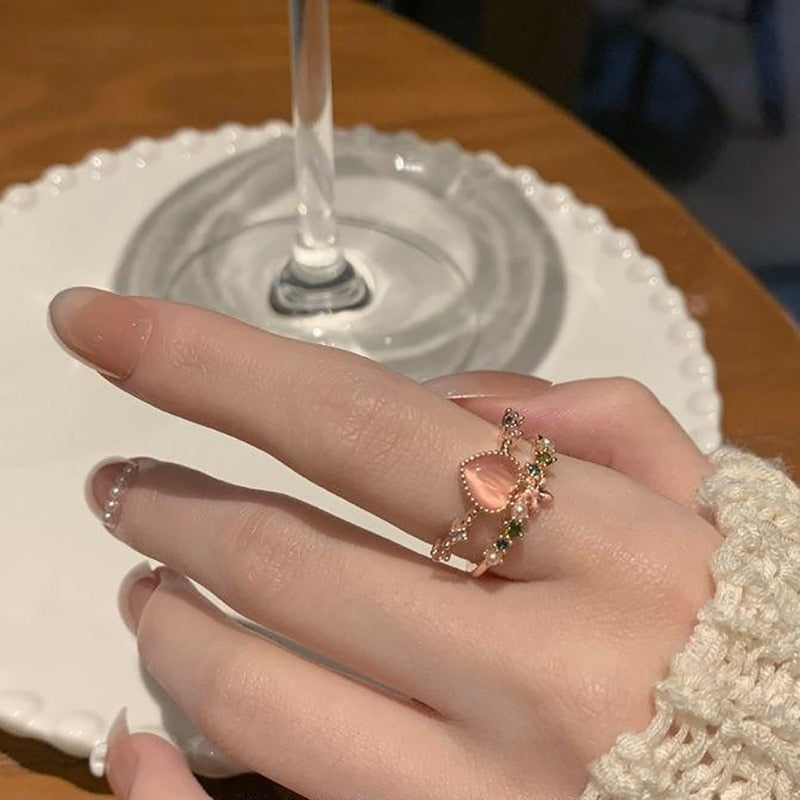 Kpop Crystal Love Heart Open Ring For Women Wedding Luxury Vintage Jewelry Y2K Accessories